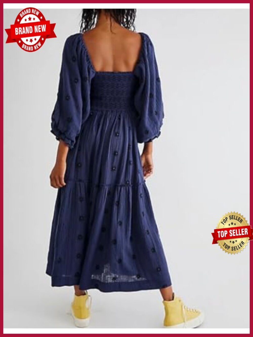 Women's Boho Floral Maxi Dress Square Neck Ruffle Swing A-Line Long Sleeve - Picture 2 of 2